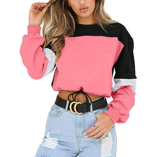 Crop Top Blouses for Women,Loose Round-Neck Long Sleeve Splice Hooded Sweatshirt Short Pullover Tops Blouse 